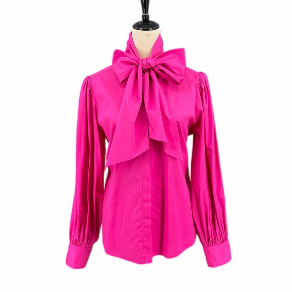 Hunter Bell Vibrant Fuchsia Pink Bow Cotton Poplin Statement Barbie Blouse Top